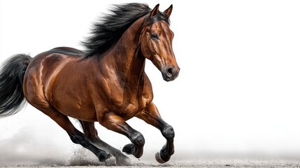 Majestic brown horse gallops through an open field at sunset capturing the essence of freedom and strength