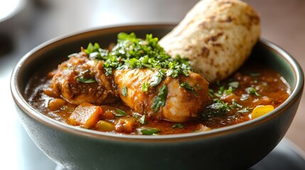 Aromatic chicken curry served in a deep green bowl, topped with fresh herbs and garnished with a warm flatbread.