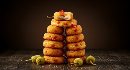 Golden Fried Appetizer Rings Stacked with Green Peppers on Dark Wood