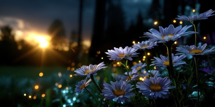 Bright purple daisies bloom beautifully at sunset near a tranquil forest with glowing fireflies filling the air