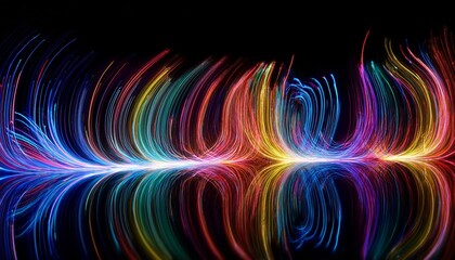 a vibrant abstract visual of multicolored strings of light flowing across a black background with bright particles aligned in rows emitting glowing and pulsating energy