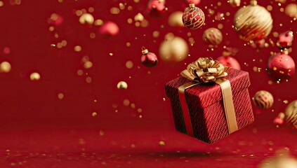 Festive Christmas gift box in mid-air, surrounded by falling ornaments
