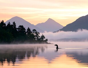 Serene loch sunrise with mythical creature