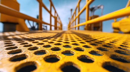 Close-up view of a yellow industrial walkway.  A perforated metal platform, with a grid of circular holes, leads into the distance.  Safety railings are visible