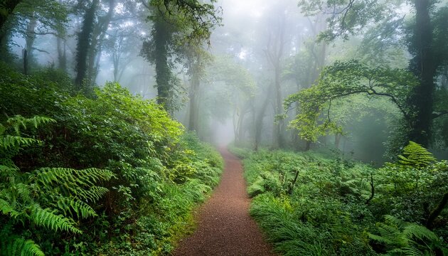 a misty forest path surrounded by lush greenery