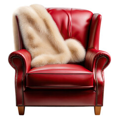 Santa claus sitting on leather chair and smiling concept. Elegant red leather armchair with luxurious fur blanket draped.