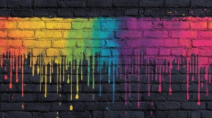 Rainbow paint drips on black brick wall