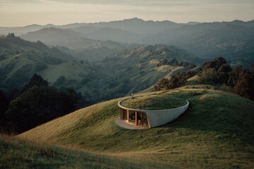Modern, earth-sheltered home nestled in a valley, overlooking rolling hills