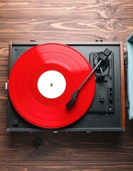 Red vinyl record on vintage turntable