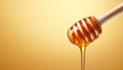 golden honey dripping from wooden dipper on soft yellow background