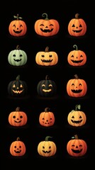 Variety of carved pumpkins displayed together showcasing unique facial expressions for autumn celebration