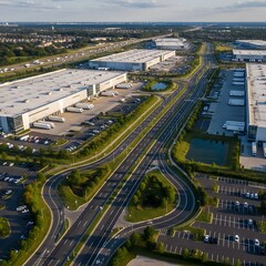 Fototapeta premium Efficient Logistics Hub for Global Supply Chain Success and Distribution. Modern Warehouse Aerial View for Business Growth and Strategic Infrastructure Planning.