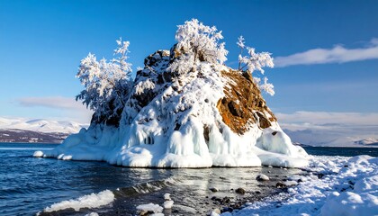 Snowy, icy islet in a lake. Sparkling ice and snow cover rocky outcrop with trees. Clear blue sky