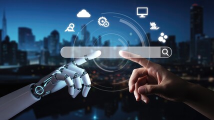 Human and AI hands interact with search bar, symbolizing the future of technology and collaboration