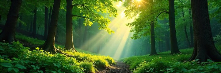 Serene sunlit forest scene, lush green canopy overhead, dappled light on forest floor  Perfect for nature, travel, or environmental themes ,  foliage,  natural