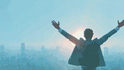 Businessman with arms outstretched, cityscape view