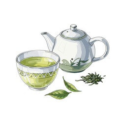 Green Tea Pot and Cup with Fresh Leaves and Loose Leaf Tea for Herbal Wellness