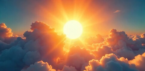 Intense solar sun rays bursting through fluffy white clouds, creating a dramatic and vibrant light show in the daytime sky , sunlight beams, radiant, sky