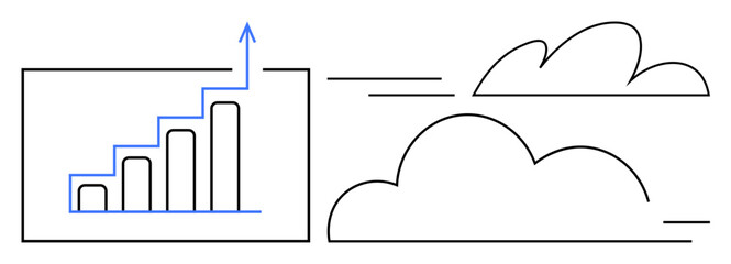Bar graph with upward arrow highlights growth and success. Clouds symbolize creativity, innovation, and scalability. Ideal for business, technology, finance, analytics, strategy cloud computing