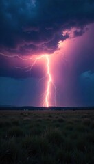 Dramatic Lightning Storm over Open Field Intense Flash Illuminates Dark Sky, Powerful Nature Photography