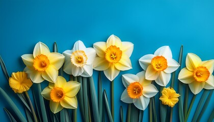 Obraz premium beautiful daffodil flowers bloom with vibrant colors and delicate petals against a tranquil blue background in springtime