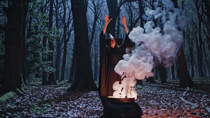 A mysterious video scene shot at eye level, featuring a witch in a moonlit forest, surrounded by trees, with smoke rising from a cauldron.