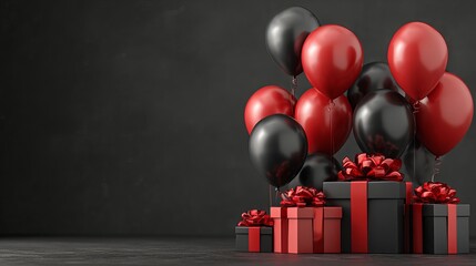 Striking red and black balloons with elegant gift boxes for a sophisticated celebration perfect for marketing promotions and special events