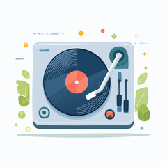Fototapeta premium Turntable Illustration Playing Vinyl Record With Green Leaves And Colorful Dots