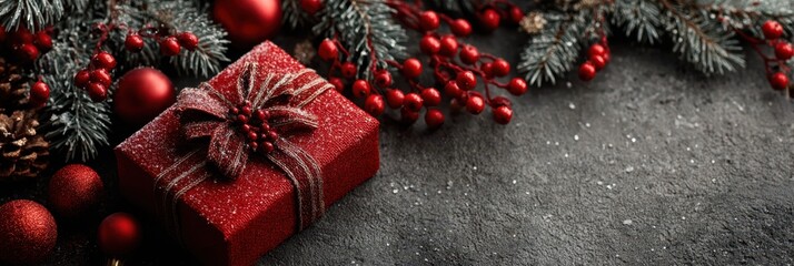Festive holiday gift box surrounded by red ornaments and pine branches on a dark stone surface