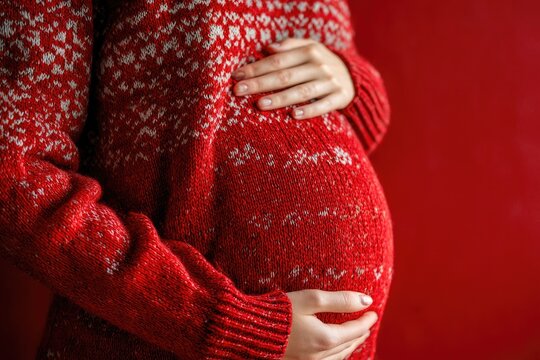 Pregnant woman in red, patterned sweater, cradling belly
