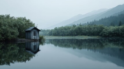 Naklejka premium Misty Lake Cabin: Serene Nature Landscape Reflection