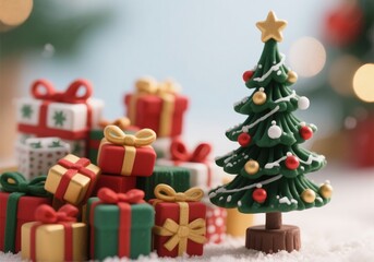 Miniature Christmas Tree with Many Gift Boxes for Holiday Celebration and Festive Season Decoration 