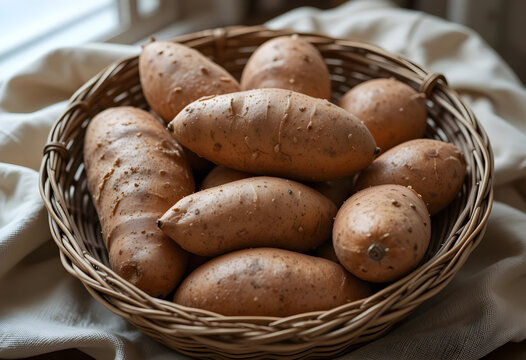 Fresh Sweet Potatoes in Wicker Basket on Light Fabric Surface  
Organic Root Vegetable Photography Featuring Natural Texture and Warm Lighting  
