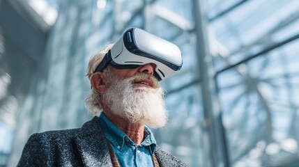 Senior man exploring virtual reality worlds with VR headset for immersive technology experience and futuristic innovation in modern building