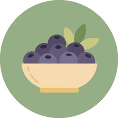 Close-up illustration of a white bowl with a yellow base filled with deep purple blueberries and green leaves on a light green background
