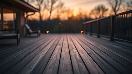 A serene wooden deck bathed in twilight glow, offering a peaceful and minimalist outdoor scene.