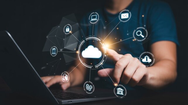 Modern businessman interacting with cloud technology on laptop for secure data access and innovative solutions