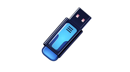 Isolated image of a black and blue usb drive with a glowing blue light on a black background