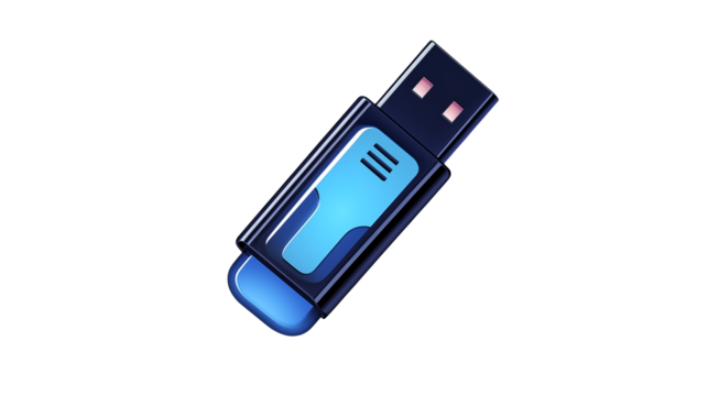 Isolated image of a black and blue usb drive with a glowing blue light on a black background