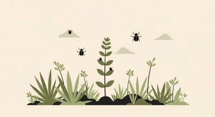 Various insect pests crawling on and around green plants with clouds in a minimalist landscape. Pest control concept.