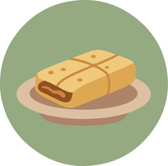 Freshly baked strudel pastry with chocolate or fruit preserve filling on a white plate with a ribbon