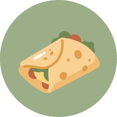 Close-up of a toasted burrito with lettuce, tomatoes, and meat or beans on a green background