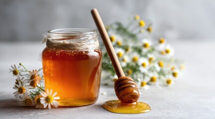 Honey in glass jar, wooden dipper, chamomile flowers