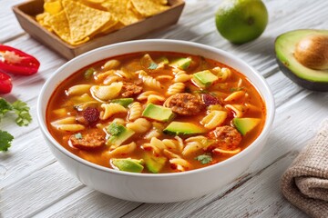 Hearty soup bowl with pasta, avocado, and chorizo