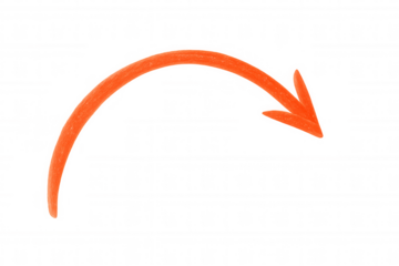 Orange hand-drawn curved arrow pointing downward, transparent background, highlighting design direction with minimal graphic style