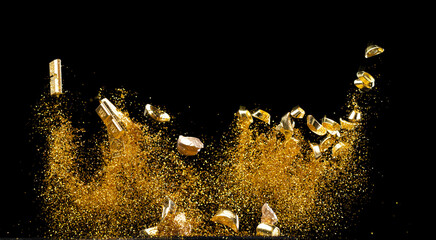 Gold Ingot Chinese Money bar token fly with dust particle in air. Chinese new year Yuanbao gold...