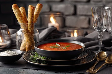 Roasted Tomato Soup with Breadsticks