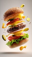 A burger explodes in mid-air, showcasing its layered ingredients