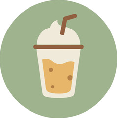 Disposable paper cup with brown-rimmed lid and brown straw on light green background
