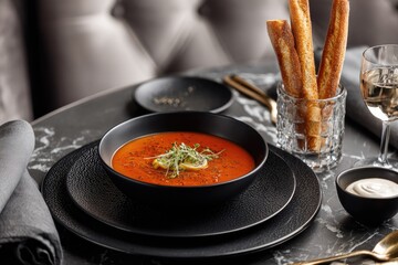A vibrant orange soup in a black bowl, garnished with herbs,  on a marble table.  Breadsticks and a sauce dish are present, alongside a wine glass